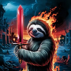A surreal and captivating illustration of a flaming sloth holding a glowing red ruby sword. The sloth's body is engulfed in flames,yet it remains calm and focused.