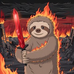 A surreal and captivating illustration of a flaming sloth holding a glowing red ruby sword. The sloth's body is engulfed in flames,yet it remains calm and focused.