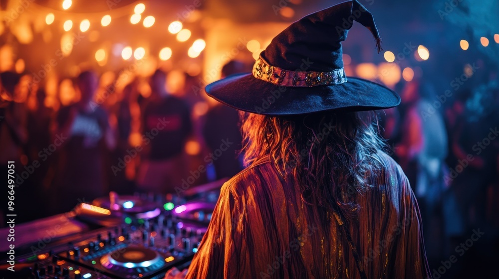 Poster a dj in a wizard hat performs at a lively party with colorful lights and an engaged crowd.