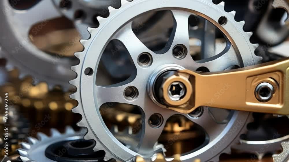 Poster shiny bicycle crankset is connecting with metal cog gears, creating a visually appealing display of 