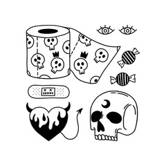 Happy Halloween day doodle illustration for your designs. Halloween Y2K vector hand drawn set. Skull, devil heart, toilet paper, mystic eyes, patch, candies