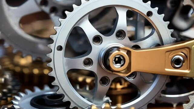Shiny bicycle crankset is connecting with metal cog gears, creating a visually appealing display of mechanical complexity