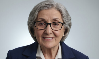 Fototapeta premium A woman with gray hair and glasses smiles for the camera