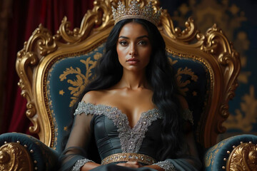 Fototapeta premium one young latino hispanic serious brunette princess sitting with crown on head with diamonds on golden royal throne. Beautiful queen in spanish style. alone honor pride woman wearing blue dress.