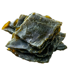  A close-up of rehydrated kelp showing its glossy, dark green appearance, isolated on a transparent background.