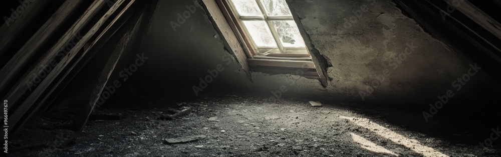 Poster A dimly lit attic with a window, revealing dust and decay.