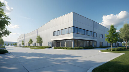 Obraz premium Modern industrial large warehouse with blue sky and clouds in the background. Industrial concept 