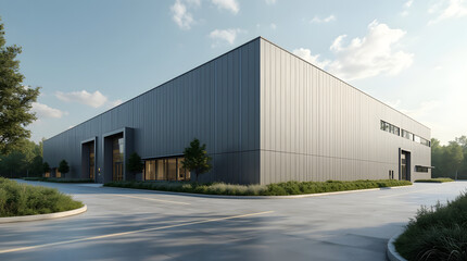 Obraz premium Modern industrial large warehouse with blue sky and clouds in the background. Industrial concept 