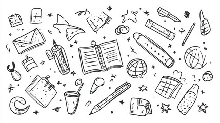"Back to school doodle hand-drawn elements in a vector set. Features school supplies and creative items, isolated on a white checkered background resembling a school notebook.