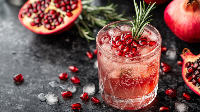 Non-alcoholic sparkling cocktail in a glass tumbler, showcasing the vibrant combination of pomegranate, rosemary, and bubbles in a refreshing and sophisticated beverage. Image made using Generative AI