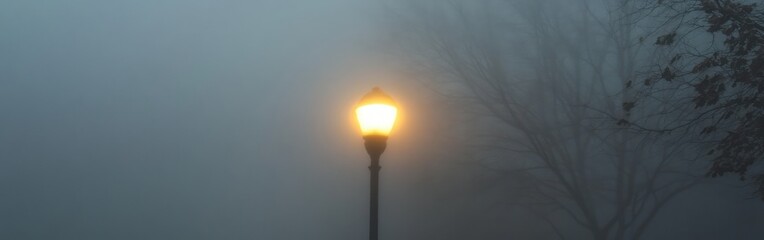 A glowing streetlamp illuminates a foggy environment, creating a mysterious atmosphere.