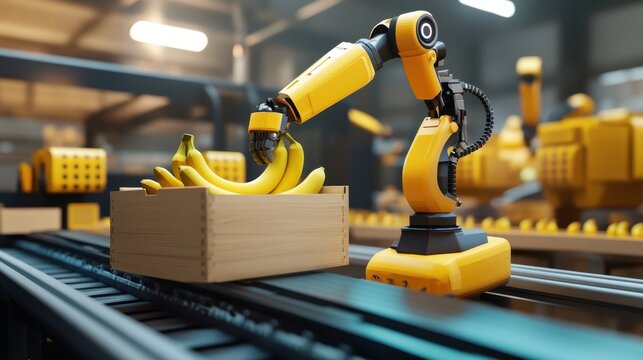 Robot arm assistant pick banana animation in wooden box at future industry plant operation.