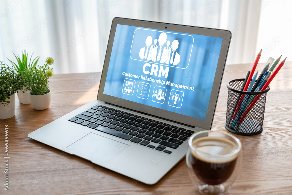 Poster customer relationship management system on modish computer for crm business and enterprise