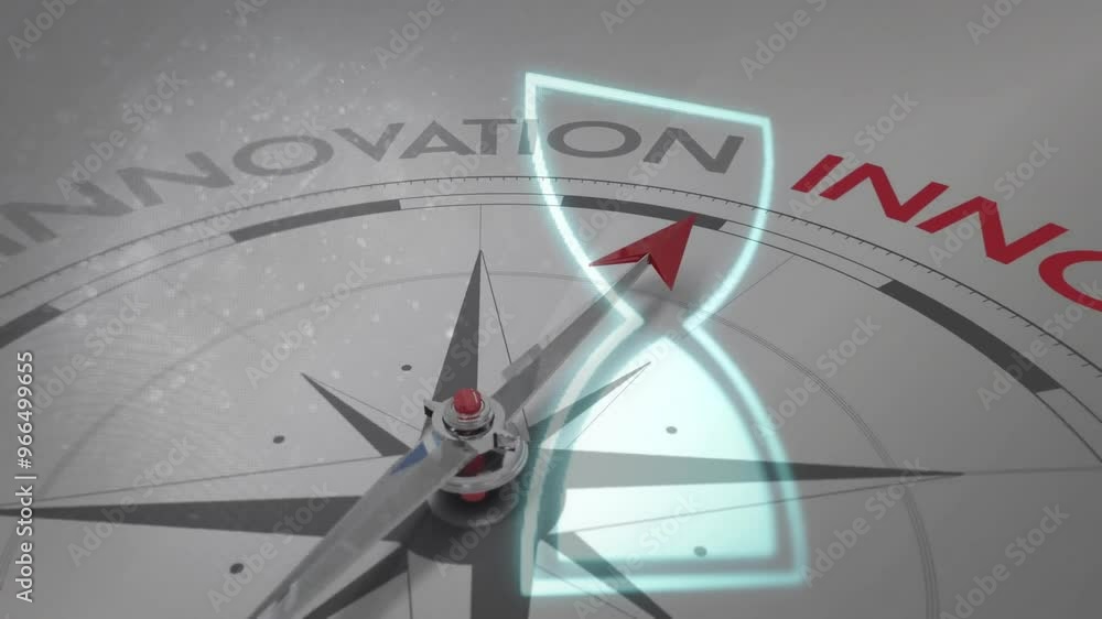 Poster animation of compass spinning and innovation text with hourglass and data processing