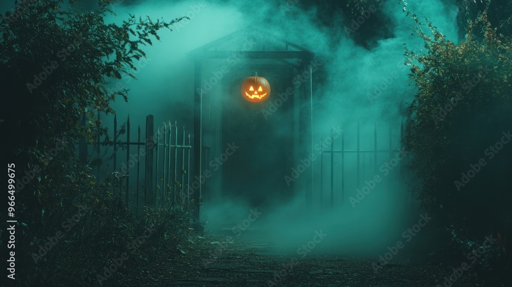 Canvas Prints A spooky Halloween scene with a glowing jack-o'-lantern and foggy atmosphere.