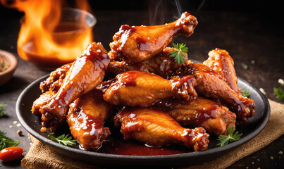 A plate of delicious, glazed chicken wings sits on a table with a bowl of sauce and a flame in the background