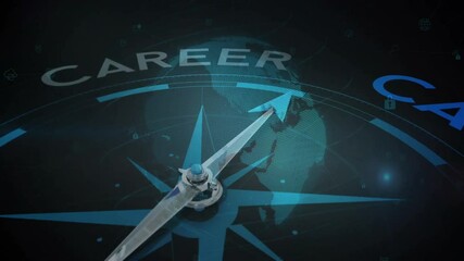 Animation of compass spinning and career text with globe and data processing - Powered by Adobe
