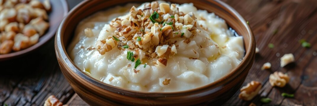 Handcrafted alcucoya Cucurbita ficifolia preserve with quesillo cheese and nut topping, a traditional dessert from the Northwest and Cuyo regions.