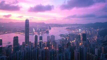 Obraz premium Hong Kong Skyline at Dusk with Purple Sky and Water