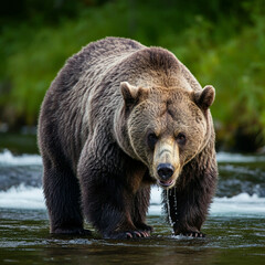 Fototapeta premium Large scary Grizzly Bear fishing in the river