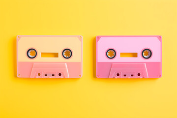 Fototapeta premium Colorful vintage cassette tapes against a bright yellow background showcasing retro music culture and nostalgia in a playful aesthetic setting