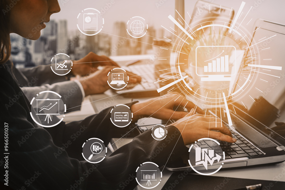 Aufkleber digital marketing technology solution for online business concept - graphic interface showing analyt