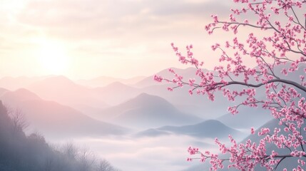 Pink Blossom Mountain Landscape