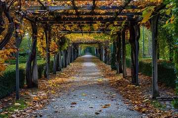 Obraz premium A long tunnel with leaves on the ground,