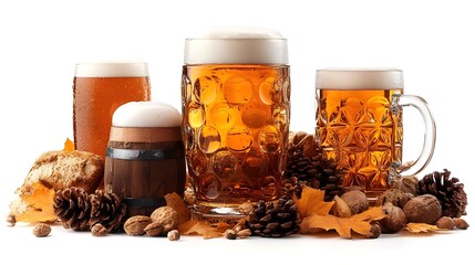 Fototapeta premium Four distinct glasses of beer in various shapes and sizes, presented on a white background. 