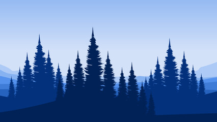 nature mountain landscape view with forest silhouette flat design vector illustration good for presentation, advertising, ads, business, wallpaper, backdrop, background, and web banner