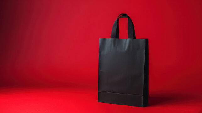 Perfect total black cardboard paper bag floating in the air. Red background.