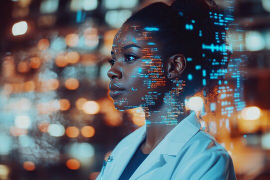 Young Black Woman Doctor In White Coat Immersed In Futuristic Cityscape Glowing Code Data