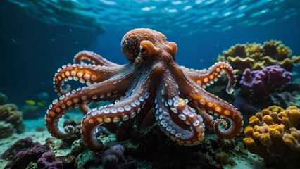 Octopus in a Coral-Filled Aquarium