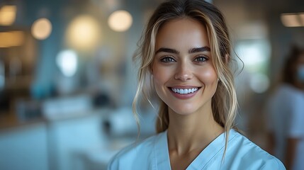 Obraz premium A young woman with a bright smile, wearing a white lab coat, looking directly at the camera.