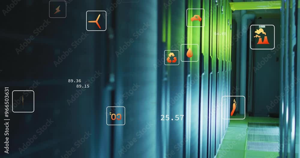 Poster animation of eco icons and digital data processing over computer servers
