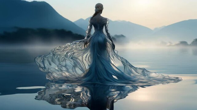Goddess of fairy in magical glittering blue dress walks on water