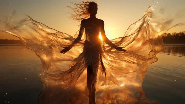 Goddess of fairy in magical dress walks on water, magical sea scene