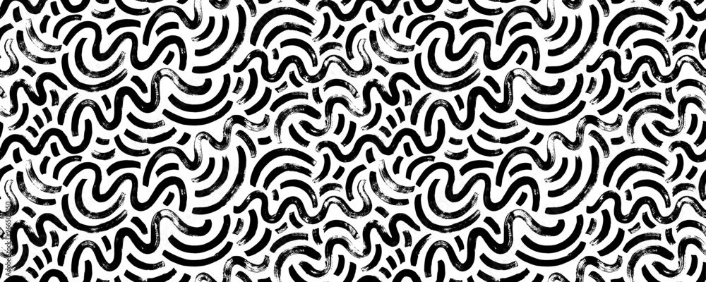 Poster Abstract squiggle and doodle lines seamless pattern. Simple childish scribble wallpaper print with curved brush strokes and swirled lines. Simple party confetti texture, childish scribble backdrop.