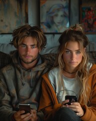 Fototapeta premium A young couple sitting together on a couch, each looking at their own smartphones