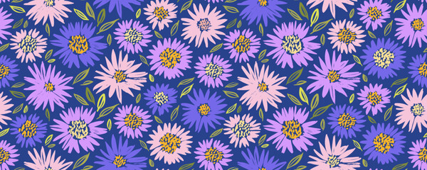 Abstract pink and violet flowers seamless pattern. Floral seamless banner design with pale pink chrysanthemum or aster flowers on dark background.