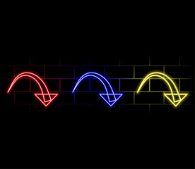 Abstract background with flashing neon lights of green blue pink violet colors glowing in arrowhead lines pattern on shiny reflecting stage