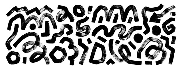 Funky playful squiggle lines, swirls with loops, bold doodle brush strokes. Marker drawn thick curly lines set. Geometric banner with geometric elements in grunge style. Vector figures for collages.