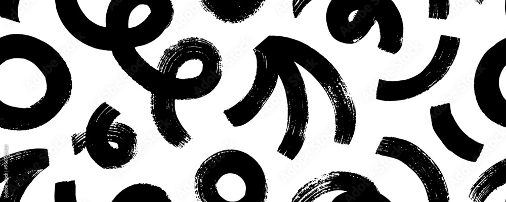 Poster bold squiggle lines, spiral and circles seamless pattern. brush drawn thick wavy lines with dry brus