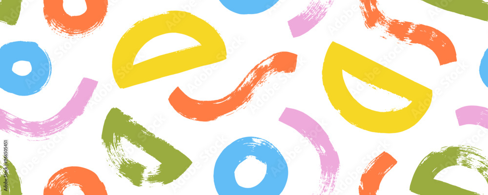 Poster colorful childish seamless pattern with bold geometric shapes and lines. brush drawn waves and semic