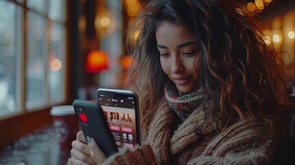 a woman's hand holding a smartphone, with a dating app interface