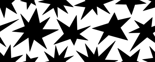 Hand drawn star shapes seamless pattern. Vector silhouettes of various stars. Simple seamless banner design with childish or magic motif. Simple wallpaper for kids stuff, textile, graphic design.