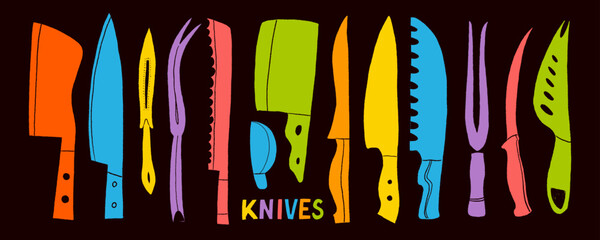 Various colorful funky or doodle style knives. Different knives shapes, for meet, cheese and vegetables. Hand drawn vector set of kitchen utensils. Cute style cute isolated elements.