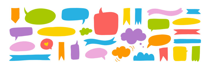 Set of hand drawn colorful funky style speech bubbles and ribbons. Various vector doodle talk balloon shapes, ribbon banners. Speech bubble elements, cute conversation icons. Childish or kid banners