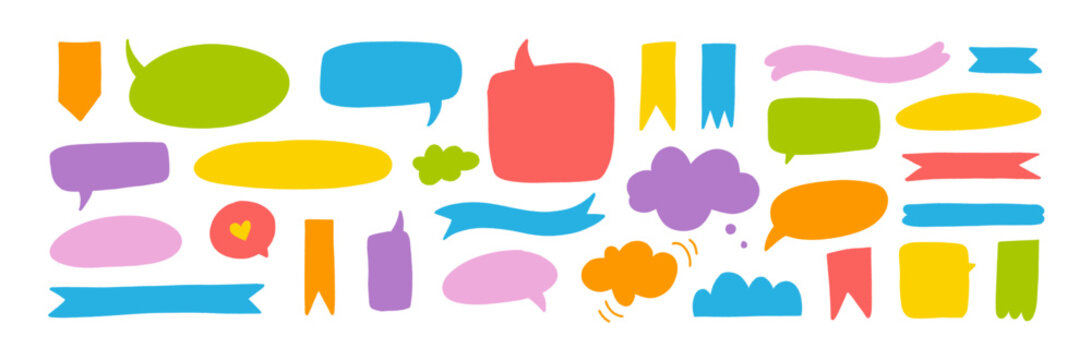 Set of hand drawn colorful funky style speech bubbles and ribbons. Various vector doodle talk balloon shapes, ribbon banners. Speech bubble elements, cute conversation icons. Childish or kid banners
