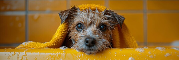 Sweet pet pampered with a bath and snuggled up in a towel